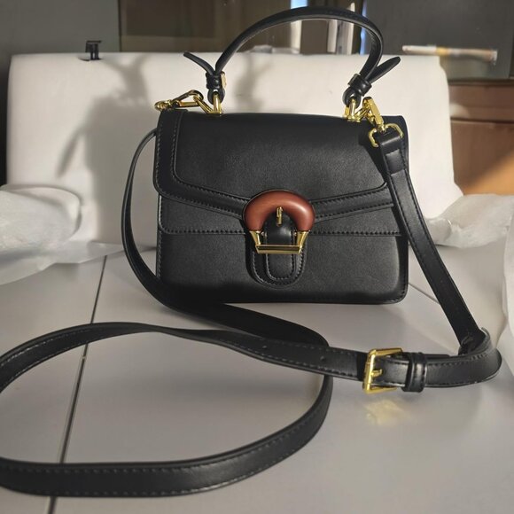 Neiman Marcus Lucine Black Contrast Leather Strap Crossbody Bag - Picture 1 of 5